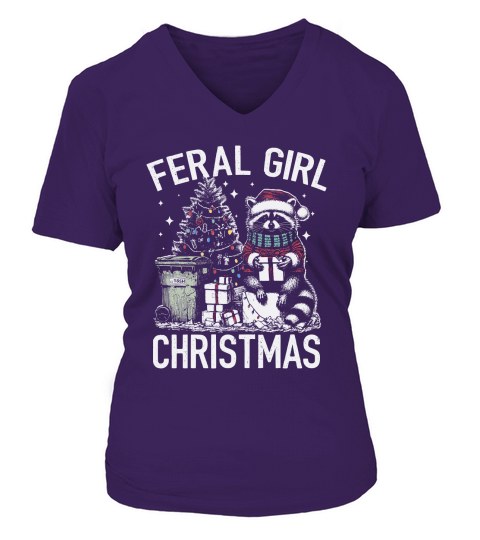 Feral Girl Christmas Raccoon D Color TR V-neck T-Shirt Woman