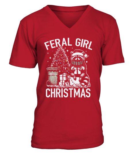 Feral Girl Christmas Raccoon D Color TR V-Neck T-shirt