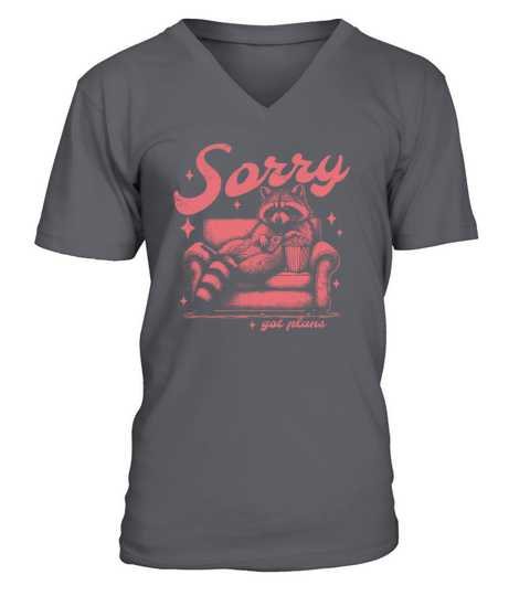 Sorry Got Plans Raccoon Sofa Popcorn D Retro Red GR V-Neck T-shirt