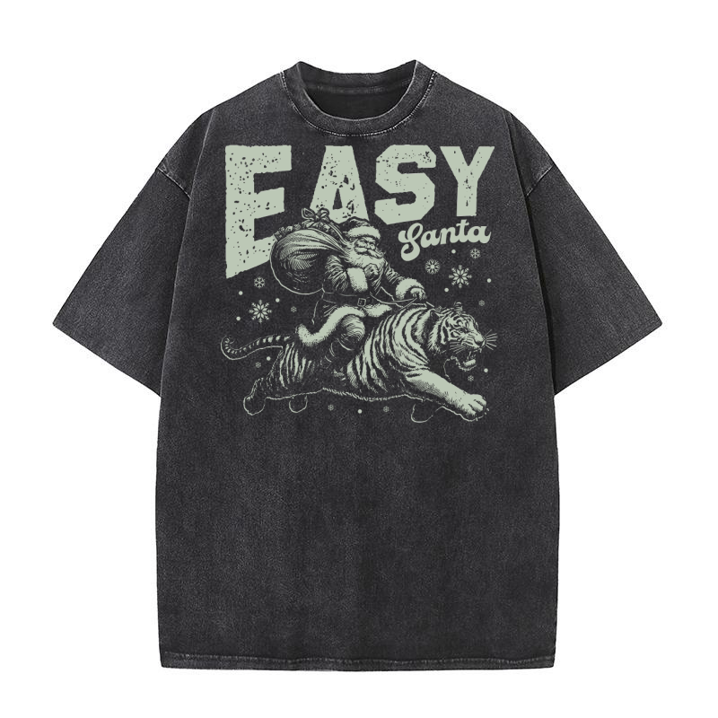 Easy Santa Riding Tiger D Retro Green Washed T-Shirt
