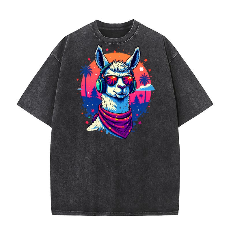 Llama with Headphones and Sunglasses Washed T-Shirt