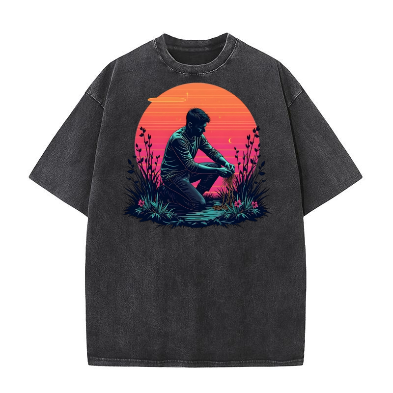 Man Harvesting Plants at Sunset Washed T-Shirt