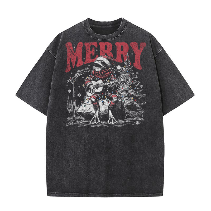 Merry Christmas Frog Playing Guitar D Black White Red 2 TR Washed T-Shirt