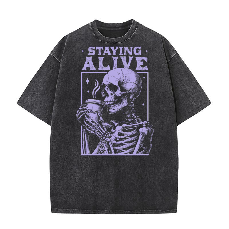 Staying Alive Skeleton Coffee D Violet Washed T-Shirt