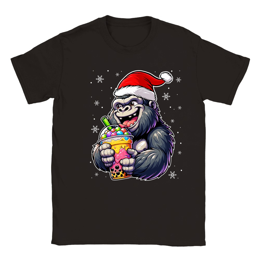 adorable gorilla drinking boba tea wearing santa hat 3 Classic Kids Crewneck T-shirt
