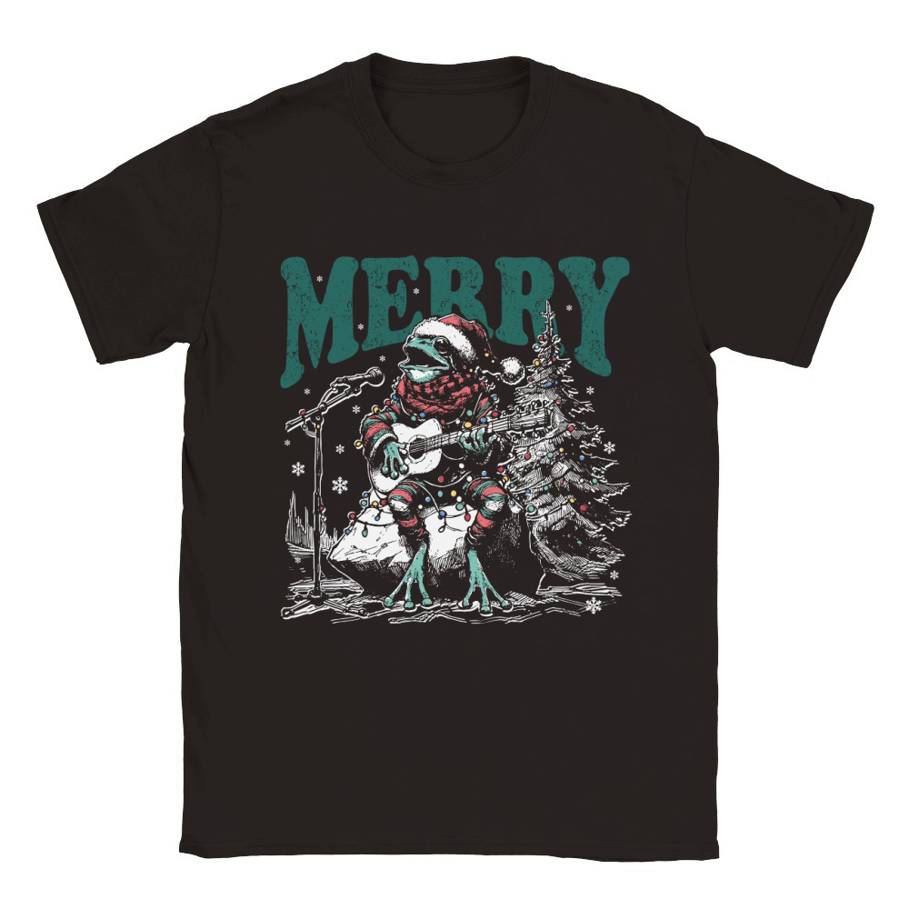 Merry Christmas Frog Playing Guitar D Black White Red Green 3 TR Classic Kids Crewneck T-shirt