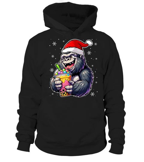 adorable gorilla drinking boba tea wearing santa hat 3 Hoodie Unisex