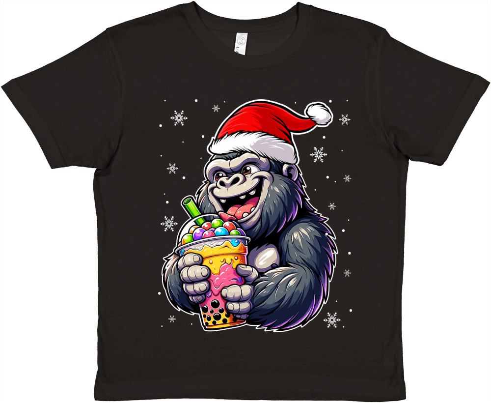 adorable gorilla drinking boba tea wearing santa hat 3 Premium Kids Crewneck T-shirt