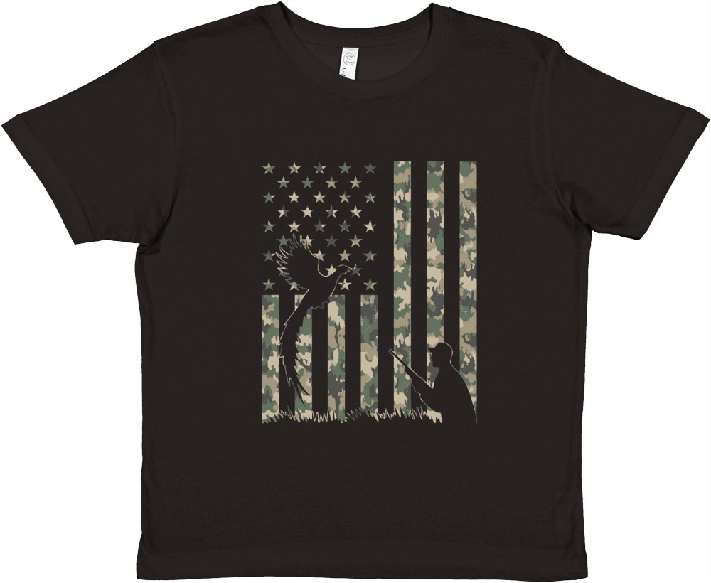 Camo US Flag Quail Pheasant Hunting Premium Kids Crewneck T-shirt