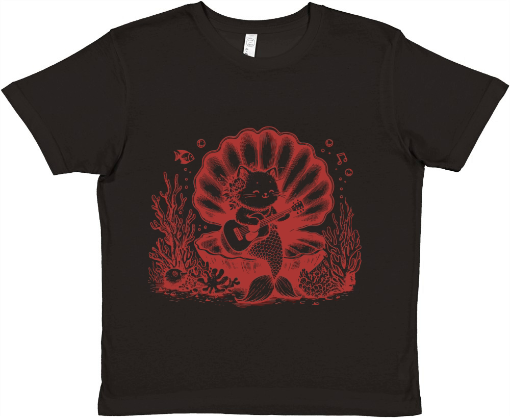 Cat Mermaid Playing Guitar L Red Premium Kids Crewneck T-shirt