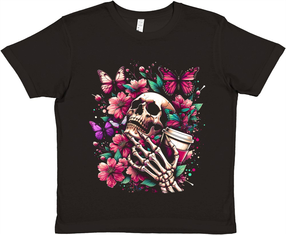 Skull Butterfly and Flowers Premium Kids Crewneck T-shirt