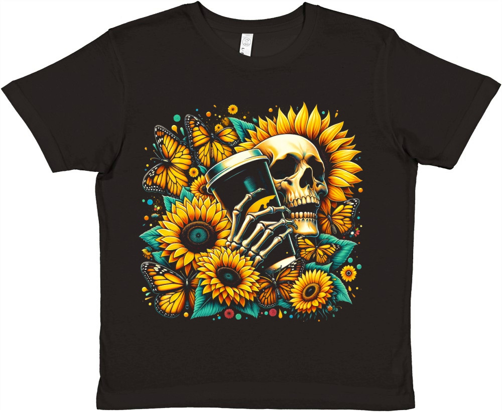 Sunflower Skull with Coffee Cup Premium Kids Crewneck T-shirt
