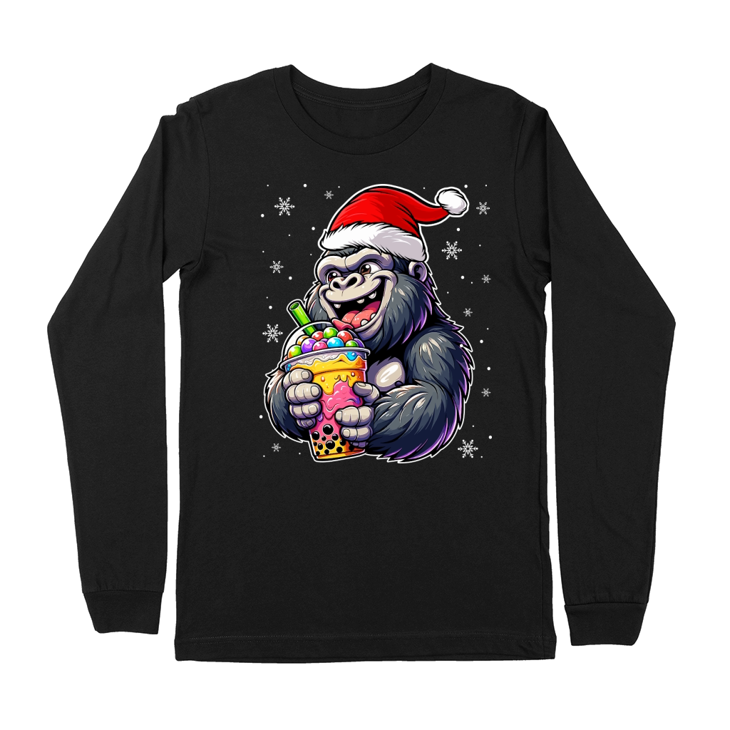 adorable gorilla drinking boba tea wearing santa hat 3 Premium Long Sleeve