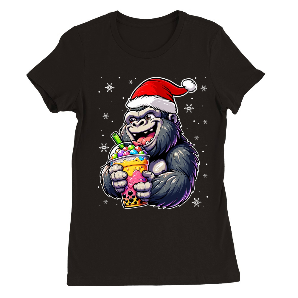 adorable gorilla drinking boba tea wearing santa hat 3 Premium Womens Crewneck T-shirt
