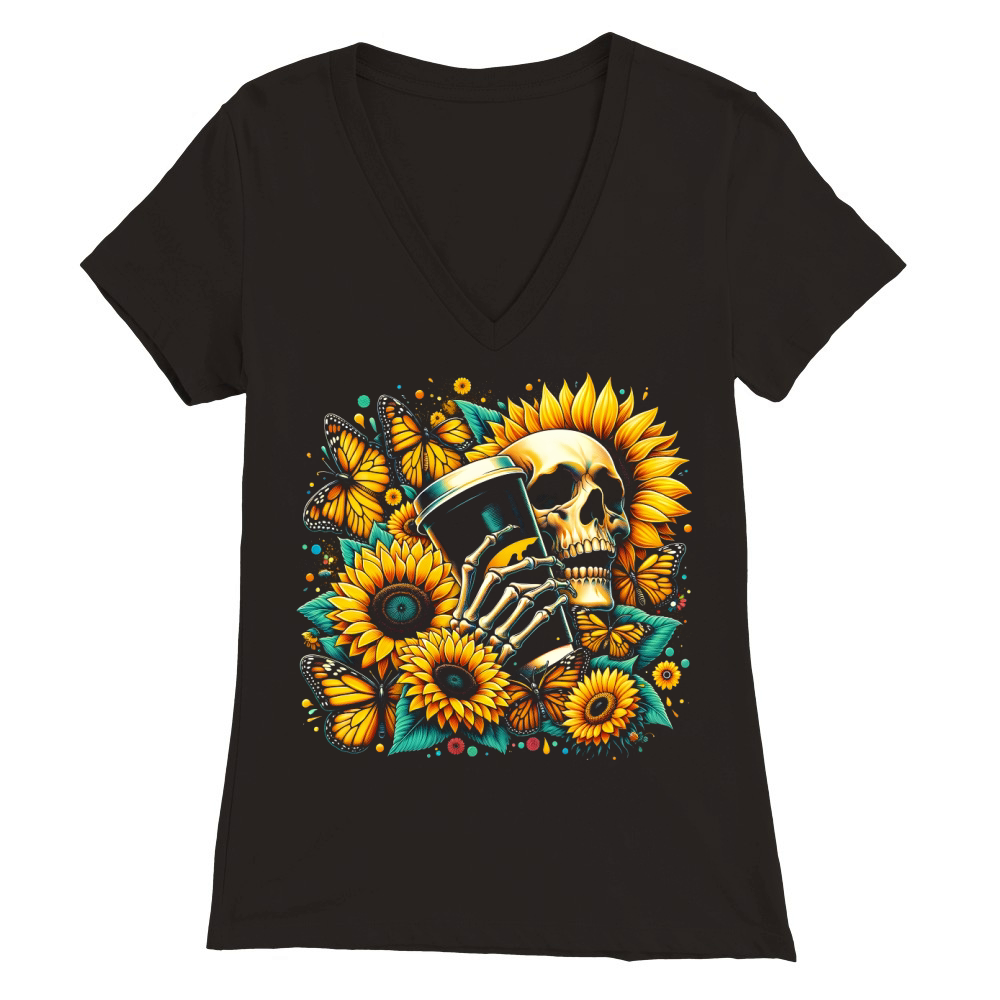Sunflower Skull with Coffee Cup Premium Womens V-Neck T-shirt