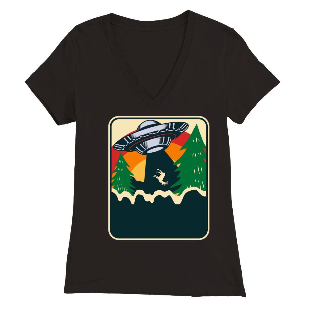 Vintage UFO Alien Deer Premium Womens V-Neck T-shirt