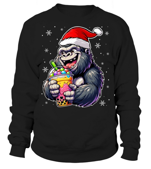 adorable gorilla drinking boba tea wearing santa hat 3 Sweatshirt Unisex
