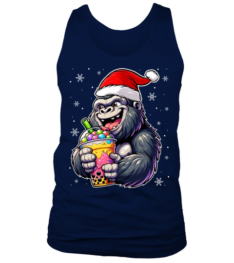 adorable gorilla drinking boba tea wearing santa hat 3 Tank Top Unisex
