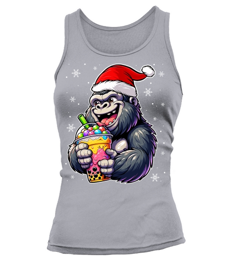 adorable gorilla drinking boba tea wearing santa hat 3 Tank top Woman