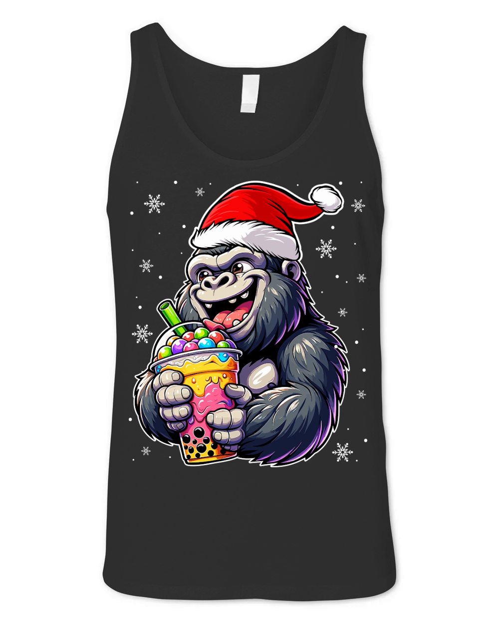 adorable gorilla drinking boba tea wearing santa hat 3 Unisex Jersey Tank