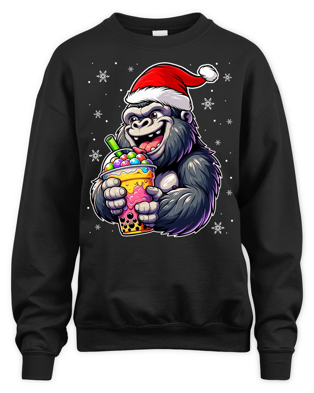 adorable gorilla drinking boba tea wearing santa hat 3 Unisex Premium Crewneck Sweatshirt