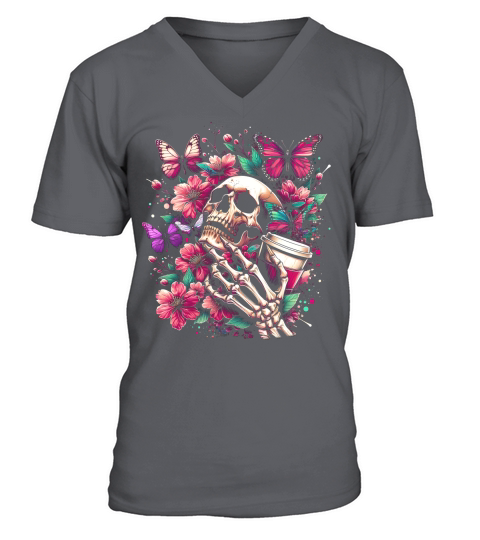 Skull Butterfly and Flowers V-Neck T-shirt