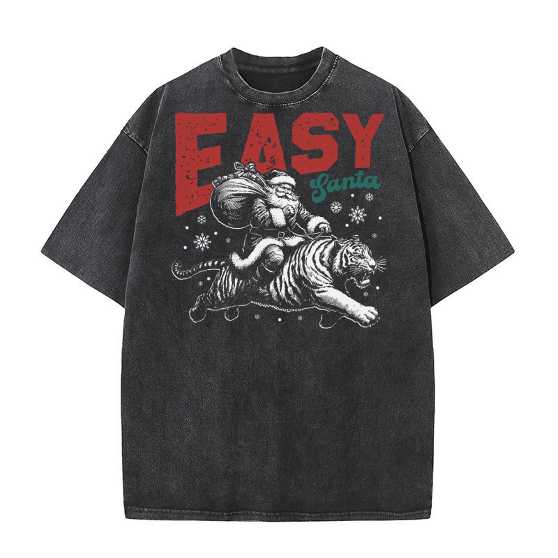 Easy Santa Riding Tiger D White Tiger Washed T-Shirt