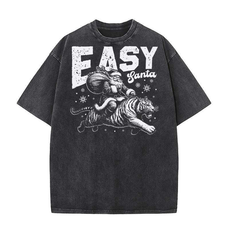 Easy Santa Riding Tiger D White Washed T-Shirt