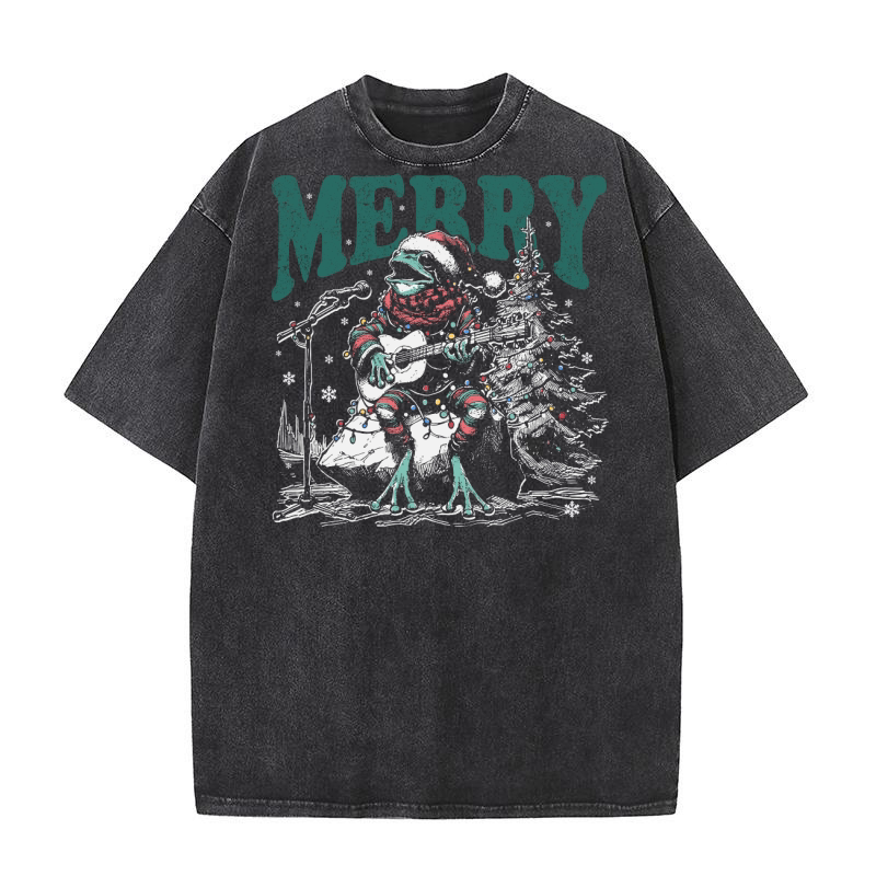 Merry Christmas Frog Playing Guitar D Black White Red Green 3 TR Washed T-Shirt