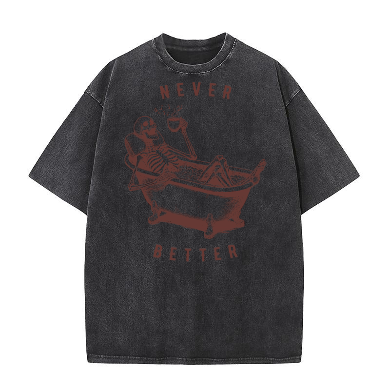Never Better Skeleton In Bathtub L Brown Washed T-Shirt