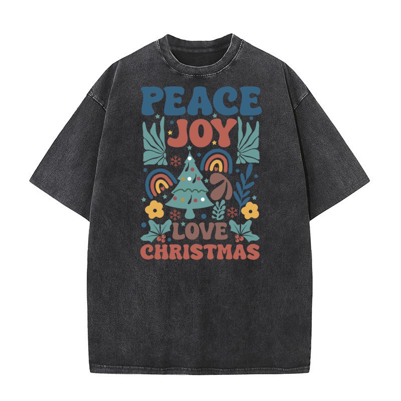 Peace Joy Love Christmas Boho Christmas Tree Floral Washed T-Shirt