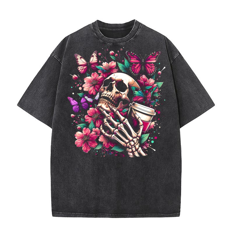 Skull Butterfly and Flowers Washed T-Shirt