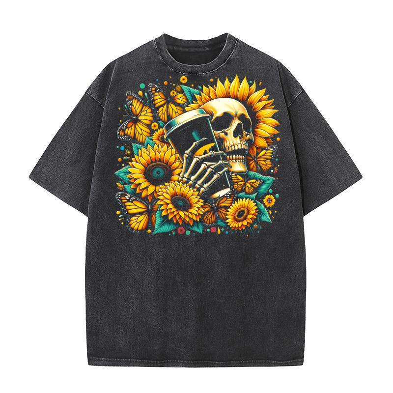 Sunflower Skull with Coffee Cup Washed T-Shirt