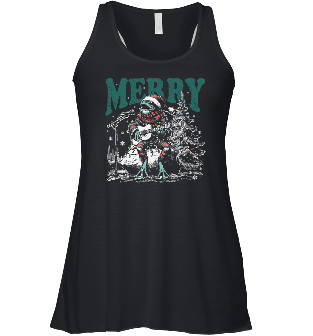 Merry Christmas Frog Playing Guitar D Black White Red Green 3 TR Women's Flowy Tank Top
