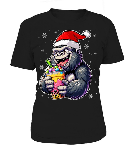 adorable gorilla drinking boba tea wearing santa hat 3 Women's T-Shirt
