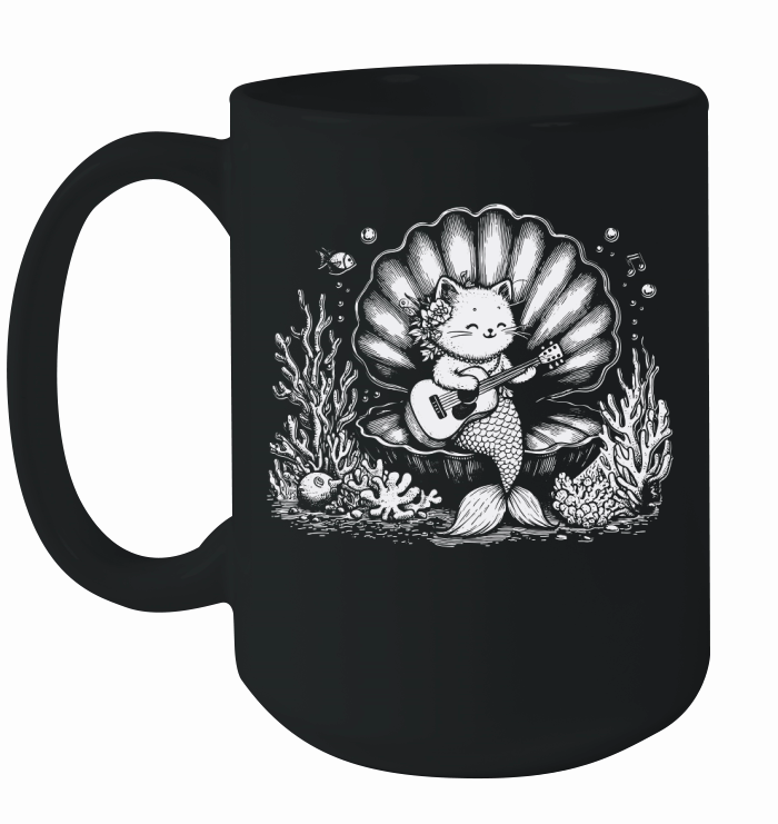 Cat Mermaid Playing Guitar D White Ceramic Mug