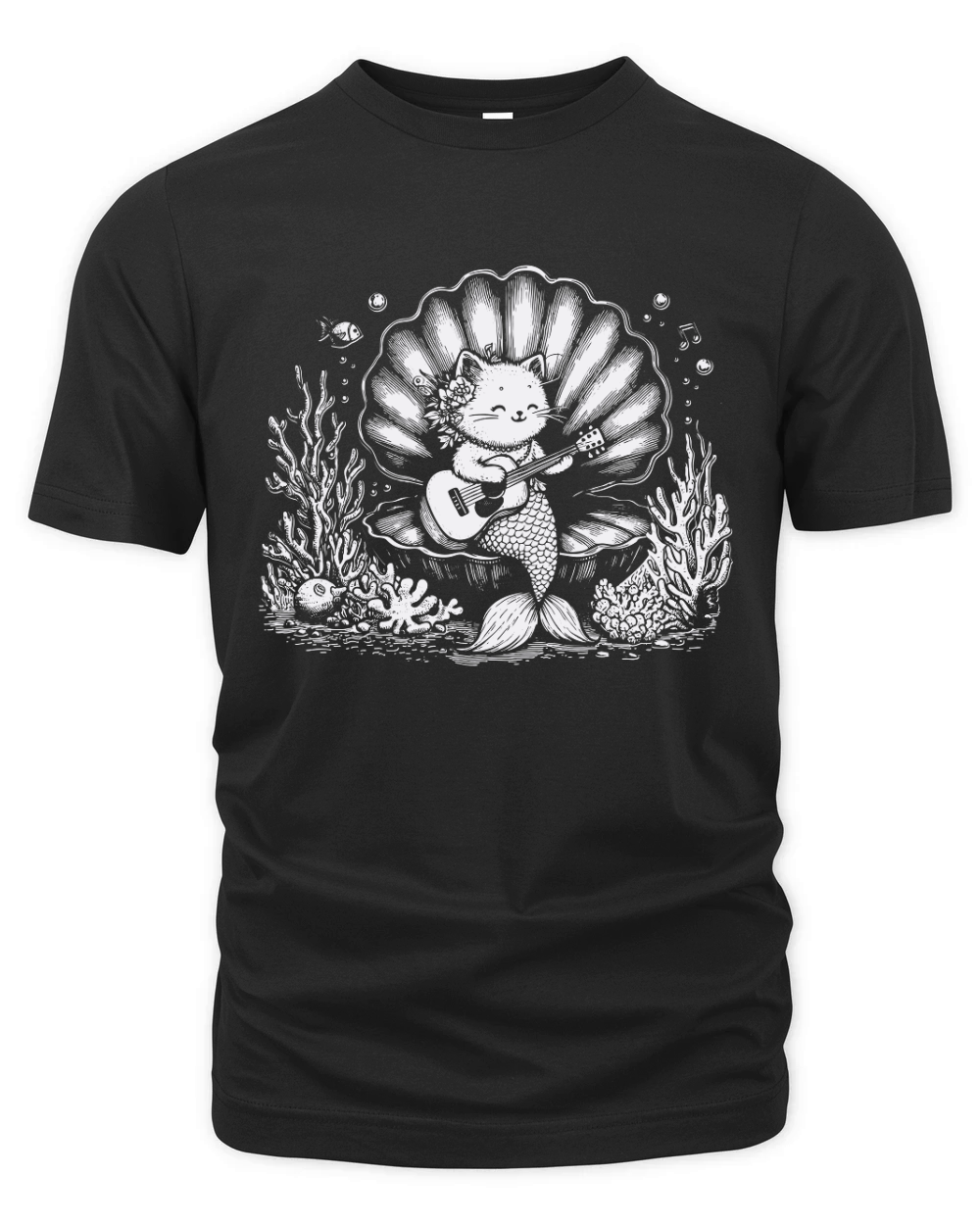 Cat Mermaid Playing Guitar D White Organic Unisex T-shirt