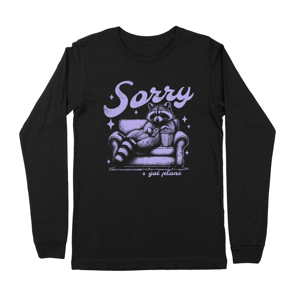 Sorry Got Plans Raccoon Sofa Popcorn D Retro Violet GR Premium Long Sleeve