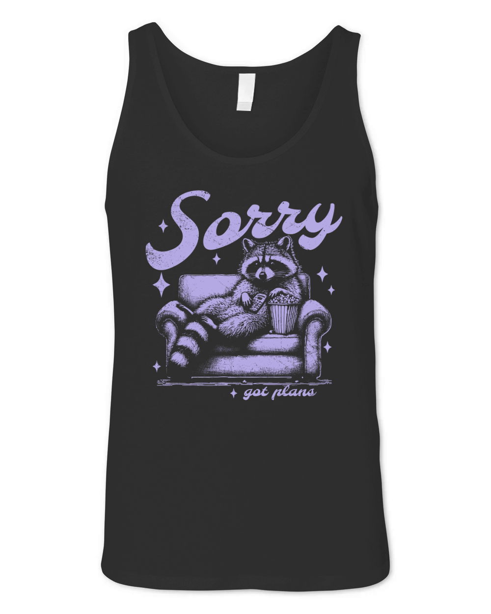 Sorry Got Plans Raccoon Sofa Popcorn D Retro Violet GR Unisex Jersey Tank