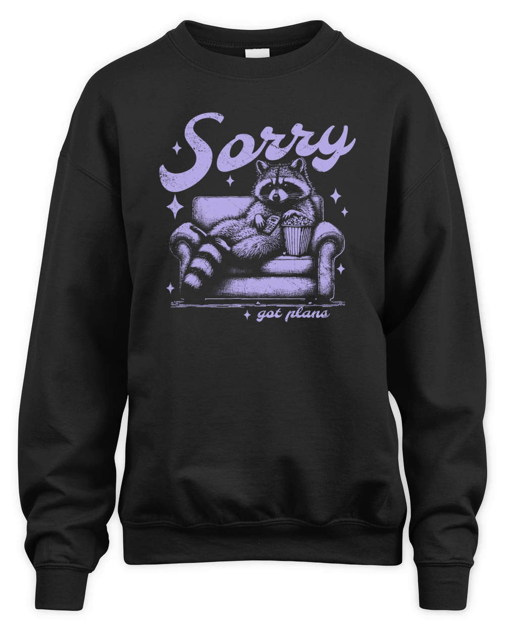 Sorry Got Plans Raccoon Sofa Popcorn D Retro Violet GR Unisex Premium Crewneck Sweatshirt