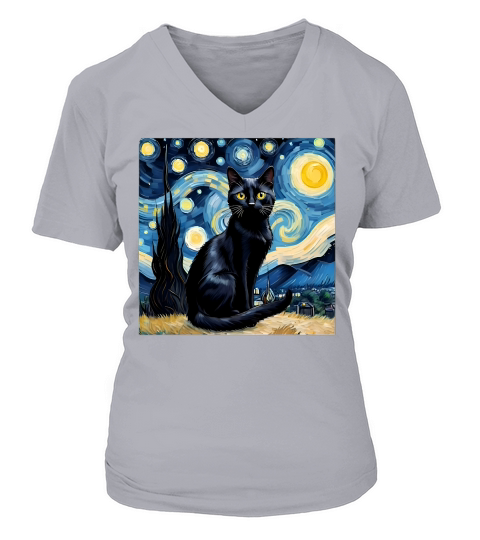 Black cat Starry Night V-neck T-Shirt Woman