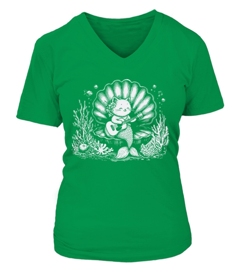 Cat Mermaid Playing Guitar D White V-neck T-Shirt Woman