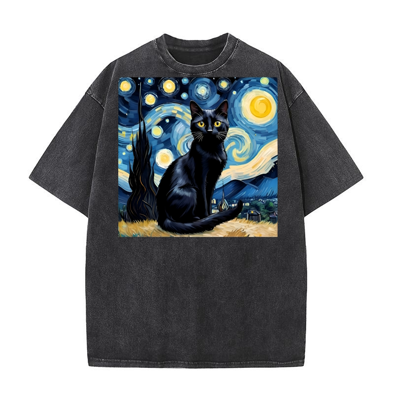 Black cat Starry Night Washed T-Shirt