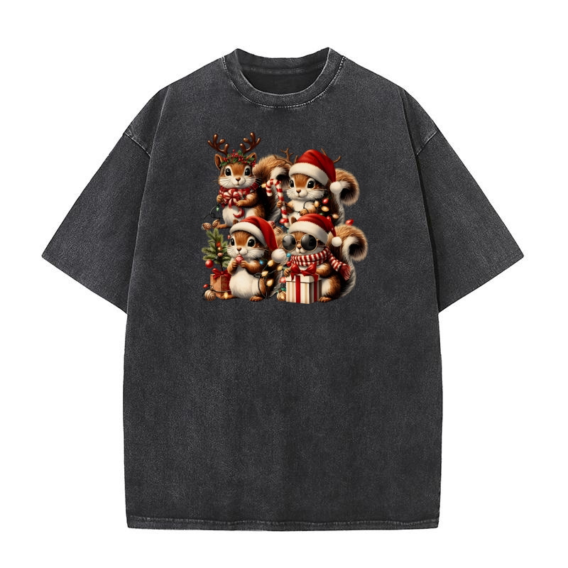 Festive Christmas Squirrels Washed T-Shirt