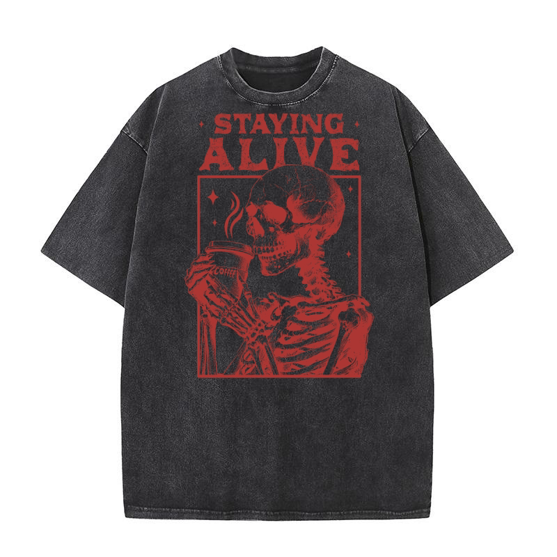 Staying Alive Skeleton Coffee L Red Washed T-Shirt