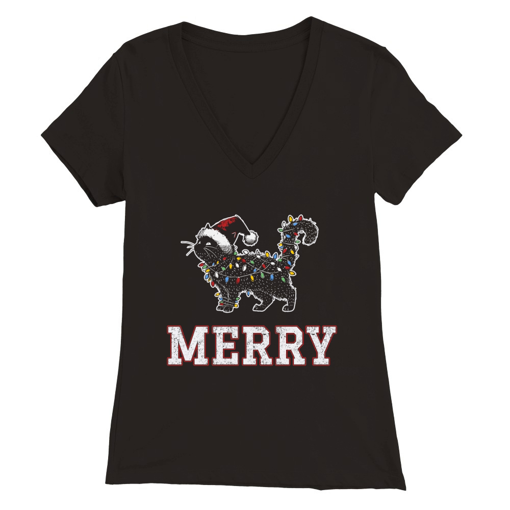 MERRY CAT WRAPPED BY CHRISTMAS LIGHTS D Color 2 Premium Womens V-Neck T-shirt
