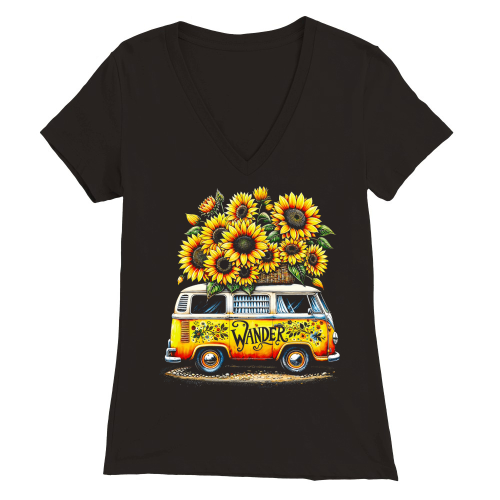Vintage Wander Van with Sunflowers Premium Womens V-Neck T-shirt