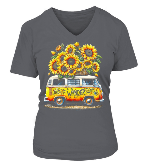 Vintage Wander Van with Sunflowers V-neck T-Shirt Woman