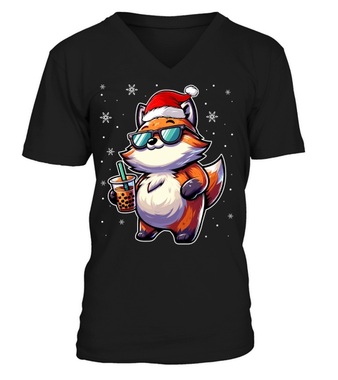 adorable fox drinking boba tea wearing santa hat 2 V-Neck T-shirt