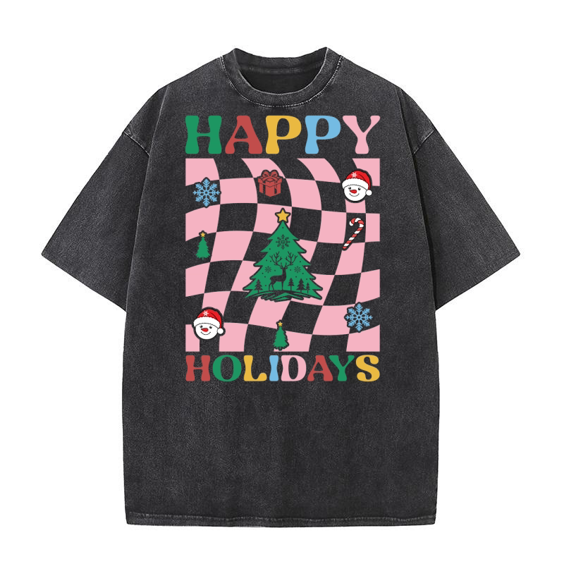 Happy Holidays Boho Flowers Washed T-Shirt